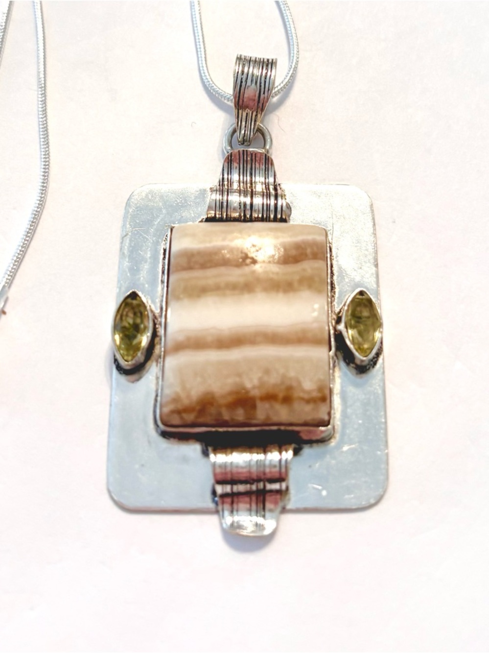 Beautiful, 2 inch. Yellow Lace Agate and Citrine pendant on a silver chain.